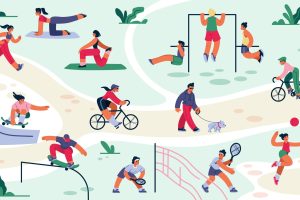 People exercise in park. Outdoor sport training. Young characters skateboarding and jogging. Person in yoga asana. Active bicycle or leisure play. Tiny summer groups. Vector workout activities set